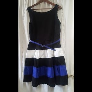 Black dress w/ white and blue strips &belt